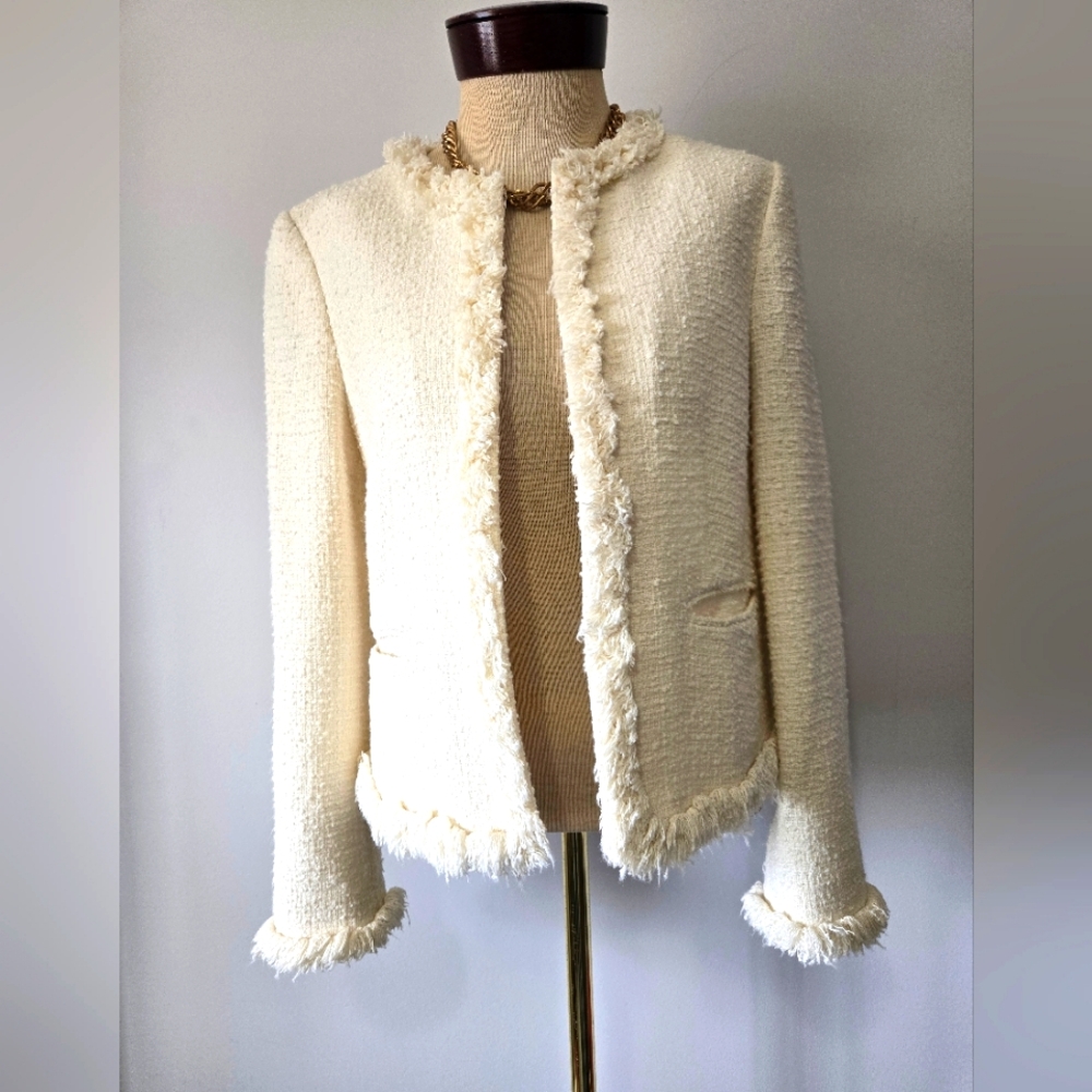 L.K BENNETT LONDON Cream Cottton Tweed Cropped Open Front Jacket With Fringe. 8